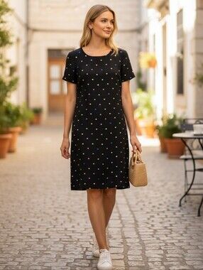 Talbots Linen Blended Black Mini Dress with Multicolor Polka Dots